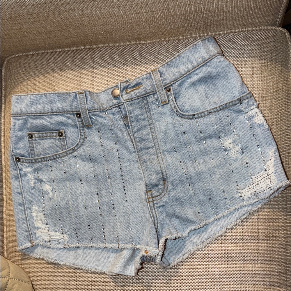 Carmar Jean Shorts Front Rhinestone Detail 5 Pocket Styling Button Fly Cotton **